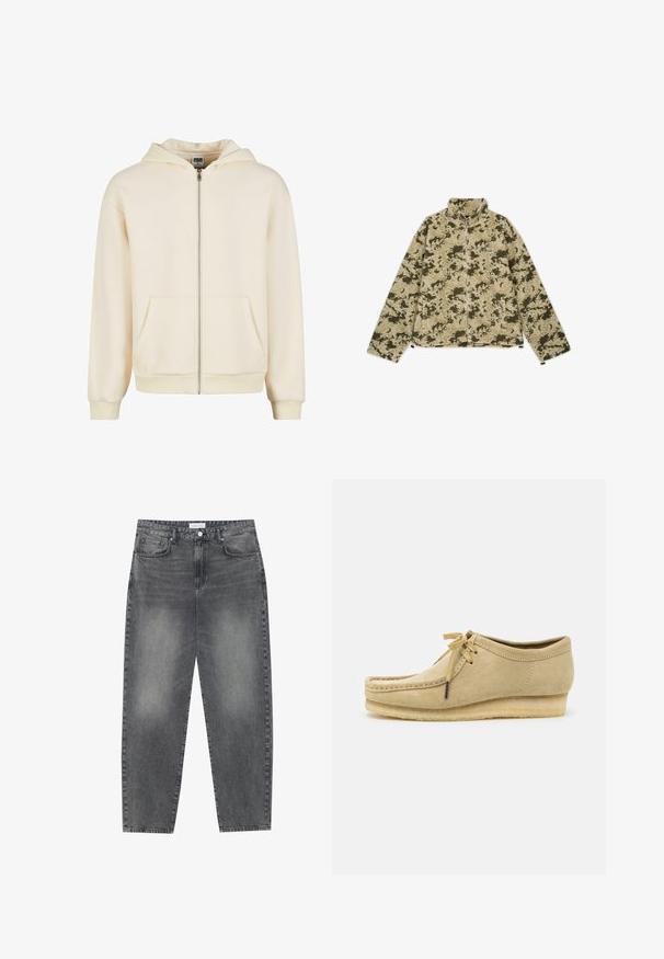 Grønn og beige kamuflert fleecejakke med høy krage, glidelås foran og sidelommer. Har en strukturert, myk overflate.; Kremfarget zip-up hettegenser laget av myk stoff, med foret hette, frontlommer og ribbestrikkede mansjetter og hem som gir en tett passform.; Hvit bomull t-skjorte med korte ermer, rund utringning, avslappet passform, og ingen synlige logoer eller mønstre. Glatt tekstur og minimalistisk design.; Høyt liv, løstsittende jeans i falmet svart denim. Har fem lommer, beltehemper og et rent, rett ben-design.; Beige semsket sko med snøring, sydd detaljer og gummisåle. Formen er uformell med en liten kilehæl.