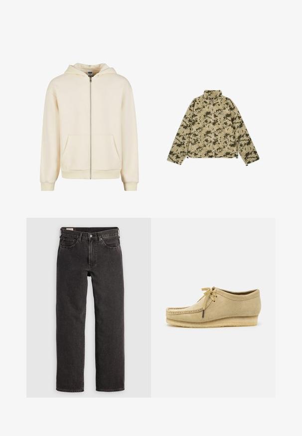 Giacca in fleece mimetica verde e beige con colletto alto, chiusura zip e tasche laterali. Presenta una superficie morbida e texture.; Felpa zip-up crema realizzata in tessuto morbido, con cappuccio foderato, tasche frontali e polsini e orlo a costine per una vestibilità aderente.; Maglietta bianca in cotone con maniche corte, scollatura rotonda, vestibilità comoda e senza loghi o motivi visibili. Texture liscia e design minimale.; Jeans in denim nero con un design a gamba dritta, cinque tasche e hardware in metallo. Il tessuto ha una leggera texture e una finitura di colore uniforme.; Scarpa in suede beige con design a lacci, dettagli cuciti e suola in gomma. La forma è casual con un leggero tacco a cuneo.