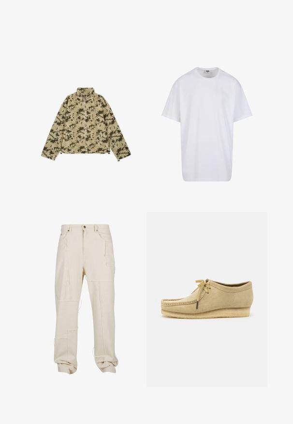 Veste en polaire camouflage verte et beige avec un col montant, fermeture éclair et poches latérales. Présente une surface douce et texturée.; T-shirt en coton blanc avec des manches courtes, un col rond, une coupe décontractée et sans logos ni motifs visibles. Texture lisse et design minimaliste.; Pantalons cargo en coton beige avec plusieurs poches, des accents de couture brute, une coupe ample et des manches retroussées. Tissu texturé avec des coutures visibles.; Chaussure en daim beige avec un design à lacets, des détails cousus et une semelle en caoutchouc. La forme est décontractée avec un léger talon compensé.