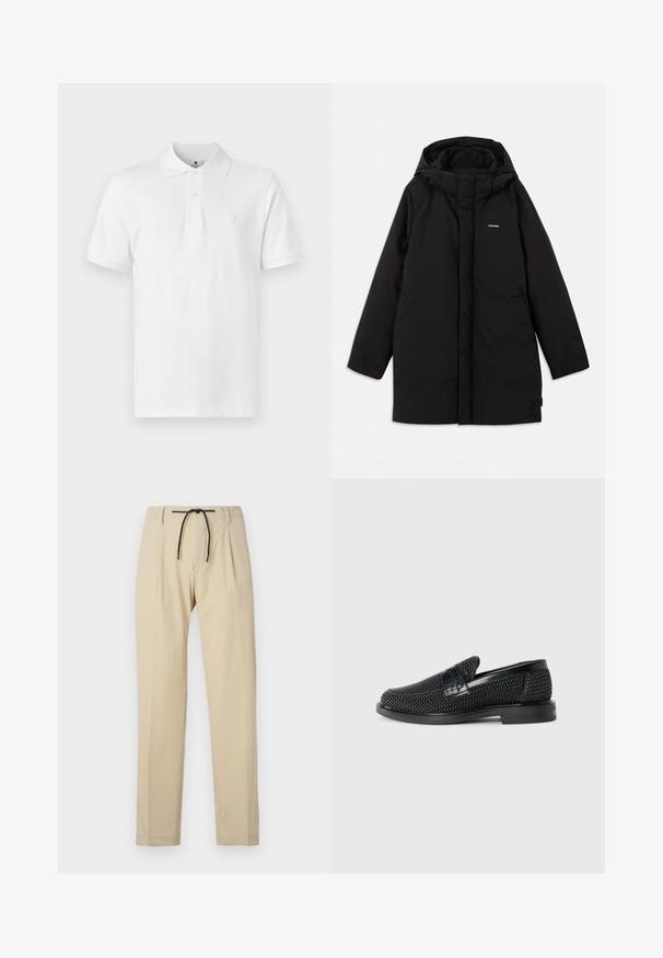 Juodas pūkinis švarkas su kapišonu, su priekiu užtraukiama užtrauktuku, šoniniais kišenėmis ir subtiliu logotipu ant krūtinės. Lygus, matinio paviršiaus tekstūra.; Balta polo marškinėliai pagaminti iš medvilnės, su klasikiniu apykakle, trumpomis rankovėmis ir subtiliu logotipu išsiuvinėtu ant krūtinės.; Bežinės kelnės su tiesiomis linijomis, turinčios raištelio juosmenį, klostuotą priekinę dalį ir lygią tekstūrą. Paprastas, universalus dizainas.; Juodas pintas slip-on tipo batelis su lygiu odiniu akcentu viršuje, apvalios nosies dizainas ir žemas guminis padas.
