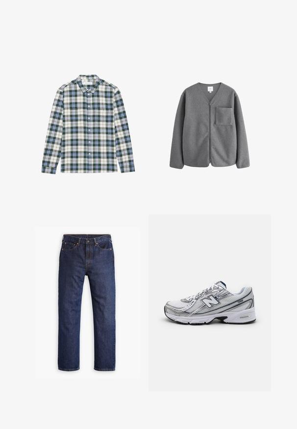 Giacca in pile grigia con design a V, zip frontale e tasca sul petto. Caratterizzata da una consistenza morbida e una vestibilità comoda.; Camicia a scacchi verde e bianca con dettagli blu, dotata di colletto button-down, maniche lunghe e taschino sul petto. Realizzata in tessuto morbido.; T-shirt bianca a maniche corte realizzata in cotone, con scollo rotondo e una texture liscia, dal taglio dritto e senza fantasie.; Jeans in denim blu scuro a gamba dritta con bottone frontale, zip, cinque tasche e dettagli in rivetti di rame.; Scarpa da ginnastica New Balance con tomaia in rete, prevalentemente bianca con accenti grigi e blu navy, caratterizzata da una soletta imbottita e dettagli testurizzati.