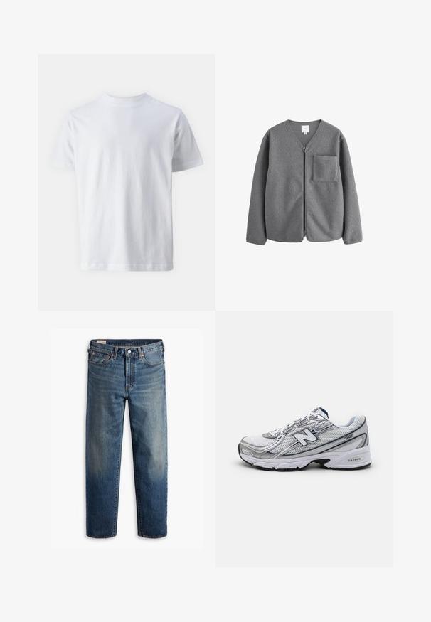Šedá fleecová bunda s V-výstřihem, předním zipem a kapsou na hrudi. Má měkkou texturu a volný střih.; Bílá polo tričko s krátkým rukávem vyrobené z bavlny, s kulatým výstřihem a hladkou texturou, se rovnými liniemi a bez vzorů.; Tmavě modré džíny z denimu s volným střihem, rovnými nohavicemi, designem s pěti kapsami a jemným vyblednutím na stehnech. Stříbrný knoflík a nýty.; Sportovní obuv New Balance s horní částí ze síťoviny, převážně bílá s šedými a námořnickými akcenty, s polstrovanou podrážkou a texturovanými detaily.