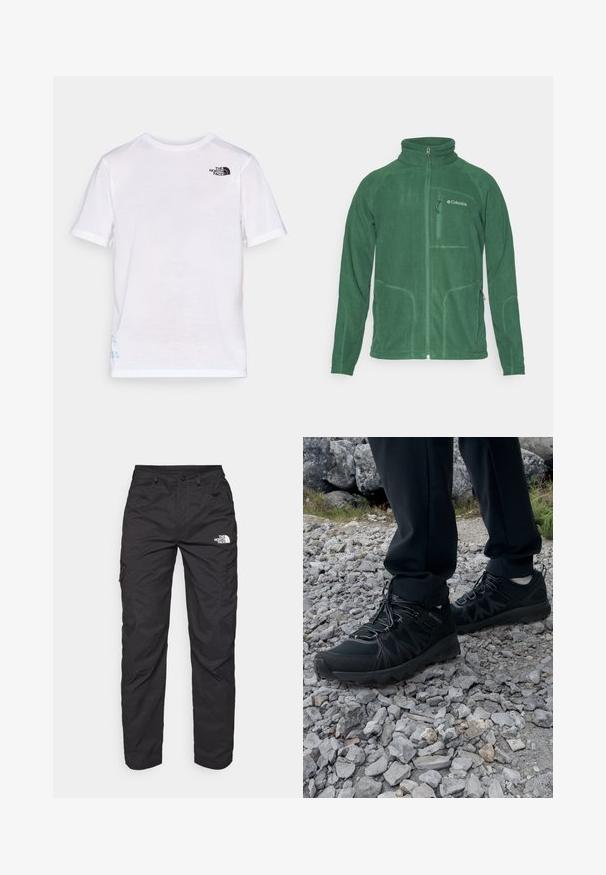 Groene fleecejack met hoge kraag, rits aan de voorkant en zijzakken. Heeft een gewatteerde stof en contrasterende stiksels.; Witte t-shirt met korte mouwen, voorzien van een zwart logo op de bovenste linker borst en blauwe ontwerpdetaillering nabij de onderrand. Zacht, lichtgewicht stof.; Zwarte cargobroek van lichtgewicht stof. Voorzien van ritszakken aan de zijkant en een logo op de linker bovenbeen. Recht model.; Zwarte buitenschoenen van mesh en synthetisch materiaal, met een gestructureerd bovenwerk, een beveiligd vetersysteem en een robuuste zool, op een ruig terrein.