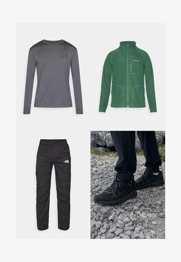 Zelena flis jakna z visokim ovratnikom, zadrgo spredaj in stranskima žepoma. Ima teksturirano tkanino in kontrastne šive.; Majica z dolgimi rokavi v temno sivi barvi, izdelana iz mehke tkanine. Ima majhen cvetlični potisk na prsih in okroglo izrez. Preprost dizajn.; Črne cargo hlače iz lahkotnega materiala. Imajo zadrgo na stranskih žepih in logotip na levem stegnu. Ravnokotni kroj.; Črne zunanje čevlje iz mrežastega in sintetičnega materiala, s teksturiranim zgornjim delom, zavarovanim sistemom vezalk in trdim podplatom, na skalnatem terenu.