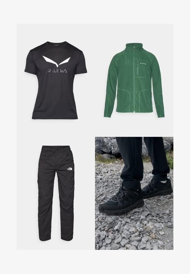Chaqueta de forro polar verde con cuello alto, parte delantera con cremallera y bolsillos laterales. Presenta un tejido texturizado y detalles de costura en contraste.; Camiseta negra de manga corta con un gran logo blanco que se asemeja a alas y la palabra "SALEWA" en gris debajo. Textura de tela suave.; Pantalones cargo negros hechos de tejido ligero. Con bolsillos laterales con cremallera y un logo en el muslo izquierdo. Diseño de pierna recta.; Zapatos exteriores negros con malla y material sintético, que presentan un upper texturizado, un sistema de cordones seguro y una suela robusta, sobre terreno rocoso.