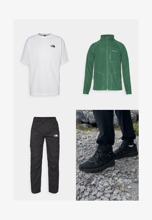 Groene fleecejack met hoge kraag, rits aan de voorkant en zijzakken. Heeft een gewatteerde stof en contrasterende stiksels.; Witte katoenen T-shirt met korte mouwen, ronde hals en een klein zwart logo op de linkerborst. Stijlvolle textuur, casual pasvorm.; Zwarte cargobroek van lichtgewicht stof. Voorzien van ritszakken aan de zijkant en een logo op de linker bovenbeen. Recht model.; Zwarte buitenschoenen van mesh en synthetisch materiaal, met een gestructureerd bovenwerk, een beveiligd vetersysteem en een robuuste zool, op een ruig terrein.