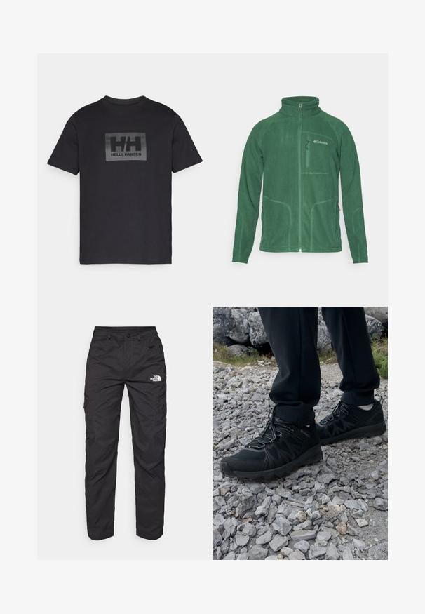 Casaco de fleece verde com colarinho alto, frente com zíper e bolsos laterais. Apresenta um tecido texturizado e detalhes de costura em contraste.; T-shirt de algodão preta com mangas curtas, apresentando um logo retangular cinza no centro com "HH" e "HELLY HANSEN" abaixo.; Calças cargo pretas feitas de tecido leve. Apresentam bolsos laterais com fecho e um logótipo na coxa esquerda. Design de perna reta.; Sapatos pretos para exterior, feitos de material em malha e sintético, com um cabedal texturizado, sistema de atilho seguro e uma sola robusta, sobre terreno rochoso.