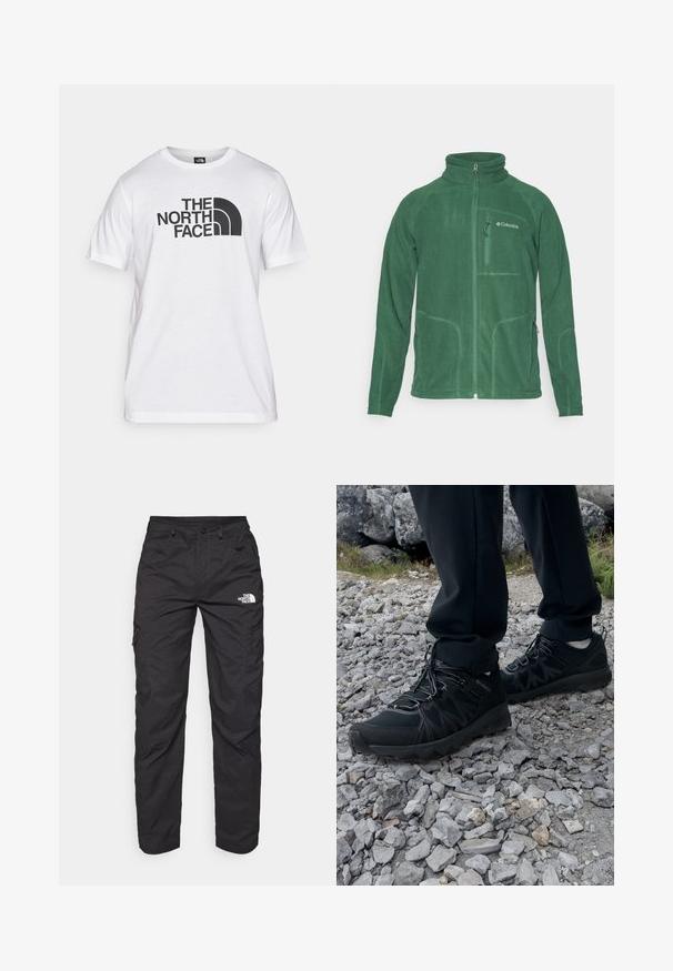 Grøn fleecetrøje med høj krave, lynlåslukning foran og sidelommer. Har struktureret stof og kontrasterende syninger.; Hvid bomulds T-shirt med sort grafisk print, der inkluderer tekst og et buet logodesign. Rund halsudskæring og korte ærmer. Ensartet tekstur.; Sorte cargo bukser lavet af letvægtsstof. Har lynlåslommer på siden og et logo på venstre lår. Lige ben design.; Sorte udendørssko med mesh og syntetisk materiale, med en tekstureret overdel, sikre snørebånd og en robust ydersål, på klippelandskab.