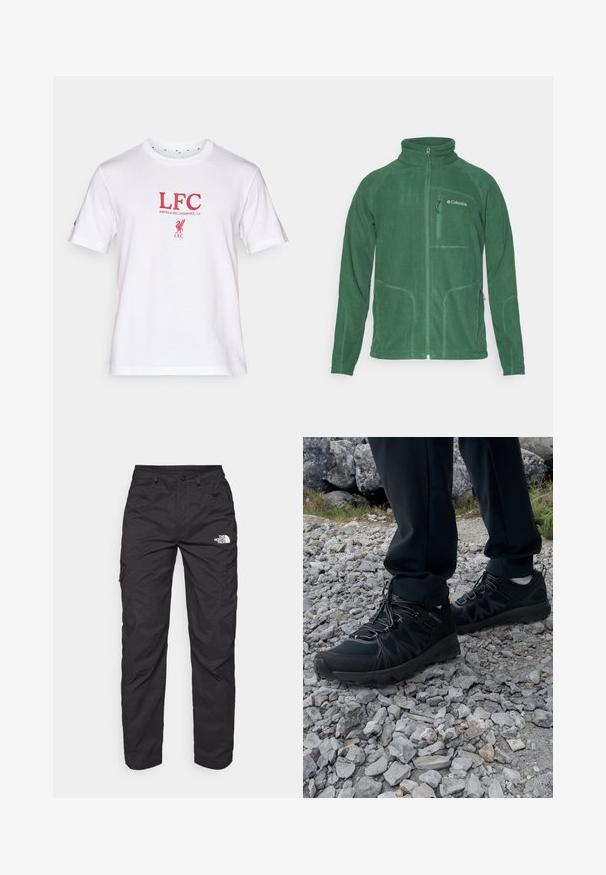 Grüne Fleecejacke mit hohem Kragen, durchgehendem Reißverschluss und seitlichen Taschen. Hervorragende Struktur des Stoffes und kontrastierende Nahtdetails.; Weißes Baumwoll-T-Shirt mit rotem "LFC"-Text und "ANFIELD RD, LIVERPOOL, L4" darunter, mit einem Logo eines Vogels. Kurzarm und Rundhalsausschnitt.; Schwarze Cargohosen aus leichtem Stoff. Mit seitlichen Reißverschlusstaschen und einem Logo am linken Oberschenkel. Gerade Beinform.; Schwarze Outdoor-Schuhe aus Mesh und synthetischem Material, mit einer strukturierten Oberseite, gesichertem Schnürsystem und griffiger Laufsohle, auf felsigem Gelände.