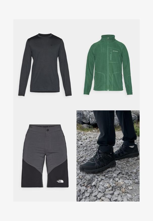 Groene fleecejack met hoge kraag, rits aan de voorkant en zijzakken. Heeft een gewatteerde stof en contrasterende stiksels.; Langarmshirt van donkergrijze stof, met een ronde hals en subtiele logo-details. Gladde textuur met een getailleerde pasvorm.; Grijze en zwarte shorts met een paneelontwerp, sluiting met knoop aan de voorkant, en het logo van The North Face. Gemaakt van een lichtgewicht, duurzame stof.; Zwarte buitenschoenen van mesh en synthetisch materiaal, met een gestructureerd bovenwerk, een beveiligd vetersysteem en een robuuste zool, op een ruig terrein.