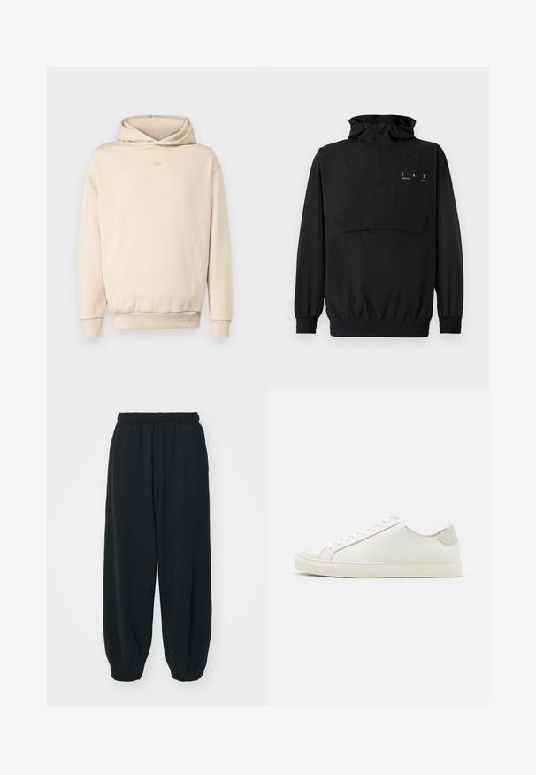 Černá mikina s kapucí, na půl zip, s elastickými manžetami a pasem. Má přední kapsu a tištěný logotyp na hrudi.; Krémová mikina z měkké tkaniny s klokankovým kapsou, ribbovanými manžetami a jemným logem na hrudi.; Černé teplákové kalhoty s elastickým pasem, volným střihem, manžetami na kotnících, hladkým povrchem a bez viditelných vzorů či kovových detailů.; Bílé kožené tenisky s hladkým povrchem, kulatou špičkou a minimalistickým designem. Disponují béžovými akcenty na patě a gumovou podešví.
