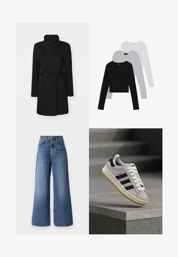 Crni kaput od vune, s preklopljenim okovratnikom, dugim rukavima i pojasom u struku. Glatka tekstura s minimalnim detaljima.; Tri dugih rukava posložena: crna, siva i bijela. Svaka ima okrugli izrez i skrateni kroj s glatkom, laganom tkaninom.; Traperice s visokim strukom i širokim nogavicama od svijetloplavog denima, s klasičnim dizajnom s pet džepova i suptilnim izbljeđivanjem duž nogavica.; Siva Adidas Campus tenisica s crnim prugama i bijelim vezicama lebdi iznad betonskog ruba s ljestvama u pozadini.