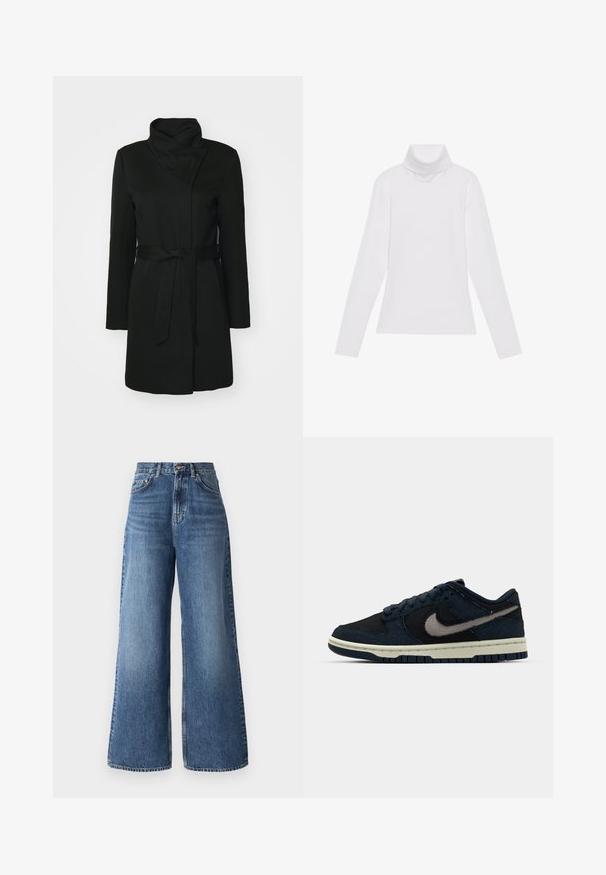 Casaco preto feito de uma mistura de lana, com colarinho dobrado, mangas longas e cintura com fita. Textura suave com detalhes mínimos.; Camisola de gola alta de mangas longas, feita de um tecido liso e elástico. Apresenta um colarinho alto e um design ajustado, sem padrões ou adornos visíveis.; Jeans de perna larga de cintura alta, feitos de denim azul claro, com um design clássico de cinco bolsos e um desbotado subtil ao longo das pernas.; Sapatilha Nike Dunk Low em texturas azul marinho escuro e preta, com um destacado swoosh cinza claro, sola suave e colarinho acolchoado.