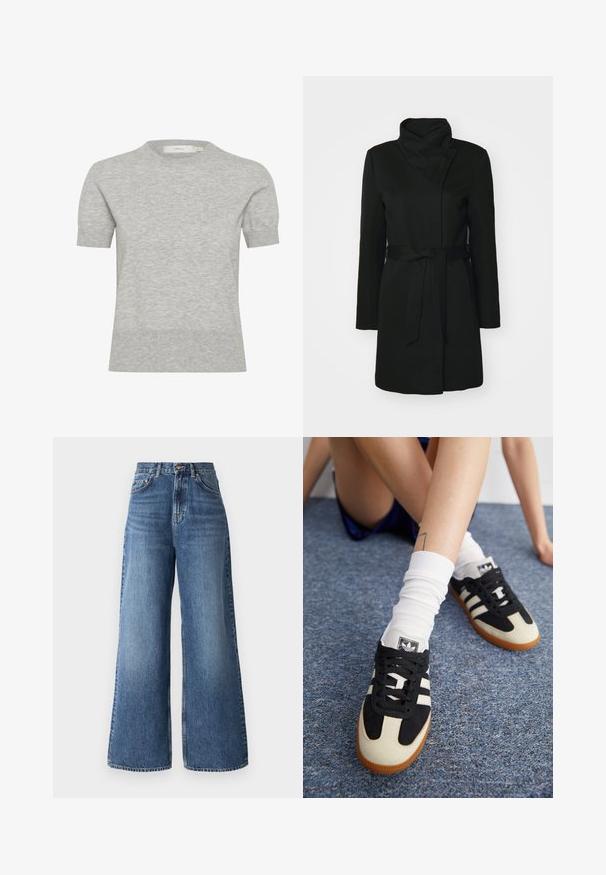 Mustast villasegust mantlist, millel on volditud krae, pikad varrukad ja vöökoht. Sile tekstuur ning minimaalne detailide arv.; InWear KELLSIE - Lihtne T-särk - granite melange; Heledeltased laiad teksad, mis on valmistatud helesinisest denimist, klassikalise viie taskuga disaini ja jalgadel peene kulumisefektiga.; Mustvalged must-valged spordijalatsid, mille pealis on valmistatud nahast ja sametist, kolm valget triipu ja kummist tallaga. Paar on kombinatsioonis valgete sokkidega.