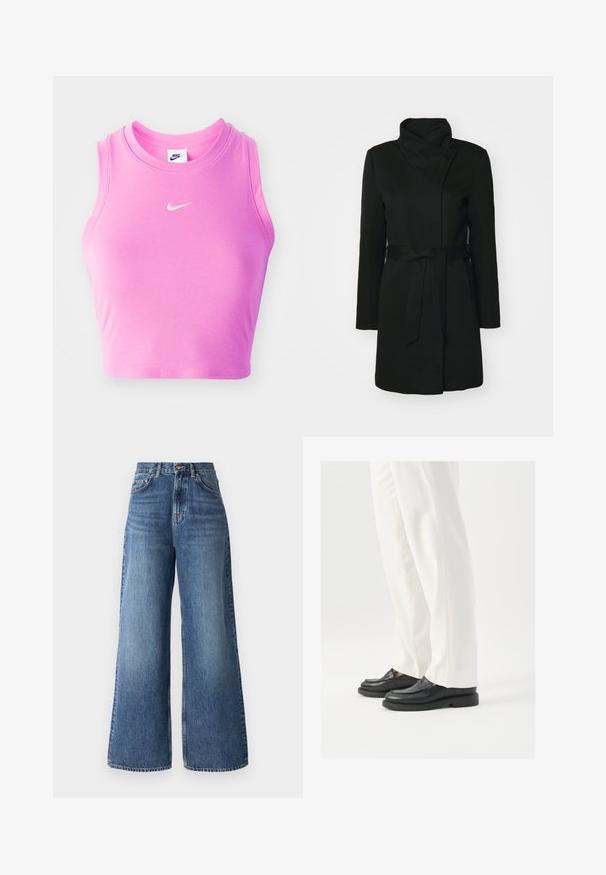 Juodas vilnos mišinio paltas, su sulankstomu koloriumi, ilgomis rankovėmis ir dirželiu juosmenyje. Lygus tekstūra su minimaliais detalėmis.; Rožinė be rankovių trumpa palaidinė, pagaminta iš raukšlėto audinio, su apvaliu kaklu ir mažu baltu Nike swoosh logotipu priekinėje dalyje.; Šviesiai mėlynos džinsinės kelnės su aukštu liemeniu ir plačiomis kojomis, turinčios klasiką penkių kišenių dizainą ir švelnų blukimą palei kojas.; Juodi odiniai loafersai su lygia tekstūra, siuvinėjimo detalėmis ir apvaliu pirštu, derinami su baltais pritaikytais kelniais.
