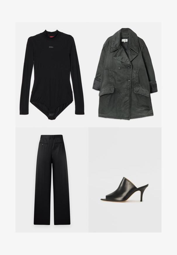 Gabardina de doble botonadura en gris oscuro con amplios solapas, dos grandes bolsillos de solapa, bolsillos laterales de ojal y detalles en los puños sobre un fondo liso.; Bodysuit negro de manga larga hecho de tela elástica, con un cuello alto, sutil branding en el pecho y cierres a presión en la parte inferior.; Pantalones de pierna ancha negros con frente plano, dos bolsillos traseros con botones y una textura suave. Diseño ajustado con corte recto.; Mule negro de cuero con punta abierta, con un diseño elegante y curvado, tacón alto de aguja y textura suave. El interior presenta un color claro en contraste.