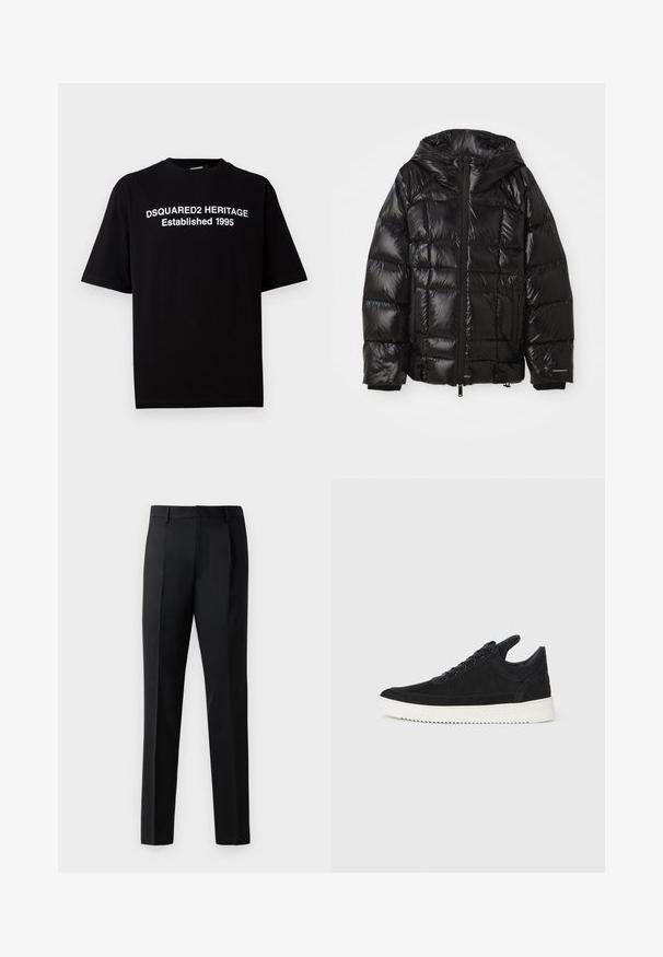 Černá péřová bunda s lesklým povrchem, obsahující kapuci, zipové zapínání a elastické manžety. Hravý design s prošívanými polstrovanými sekcemi.; Černé tričko s krátkým rukávem vyrobené z bavlny s kulatým výstřihem, na přední straně s bílým nápisem: "DSQUARED2 HERITAGE Established 1995".; Černé formální kalhoty vyrobené z hladké látky, s rovnými nohavicemi, předními sklady a standardním pasem bez ozdob.; Černé semišové tenisky s bílou gumovou podrážkou, s tónovým prošitím a šněrováním. Hladký povrch s moderním, aerodynamickým tvarem.