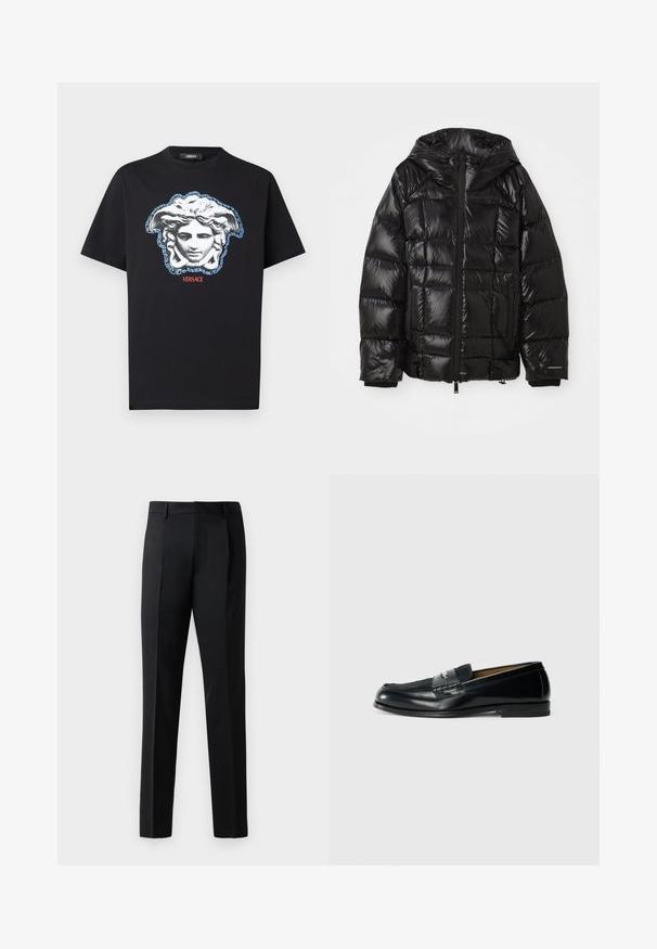 Mustapuffer-takki kiiltävällä pinnalla, jossa on huppu, vetskari ja joustavat hihansuut. Laatikkomainen muotoilu ja ommellut toppausektiot.; Musta puuvillainen T-paita, jossa on näkyvä hopeanharmaa ja sininen Medusan pää -kuvio kreikkalaisella avainkuvioinnilla sekä punaisella VERSACE-tekstillä.; Mustat viralliset housut, jotka on valmistettu sileästä kankaasta, suoranlahkeiset, etupleiteillä varustetut ja tavanomainen vyötärö ilman koristeita.; Musta nahkainen loafer, jossa on teksturoitu pinta, punottu yksityiskohta ja sileä viimeistely. Matala profiili ja minimalistinen muotoilu.
