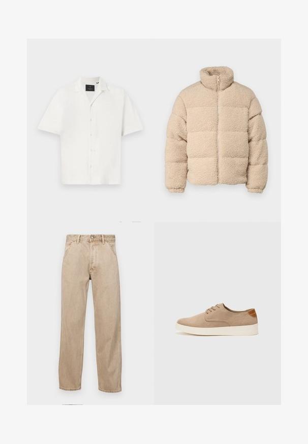 Jack & Jones JORCAMP PUFFER JACKET - Veste d'hiver - cloud dancer; Chemise blanche à manches courtes avec un tissu texturé, dotée d'un col et d'une fermeture à quatre boutons à l'avant. Design minimal sans motifs supplémentaires.; Jeans en denim beige avec une coupe droite, dotés de poches avant, d'une fermeture à bouton en métal et d'une texture subtile.; Baskets en daim beige avec un embout arrondi, un laçage sur le devant et un accent texturé à l'arrière. La semelle en caoutchouc blanche offre un contraste. Design simple et moderne.