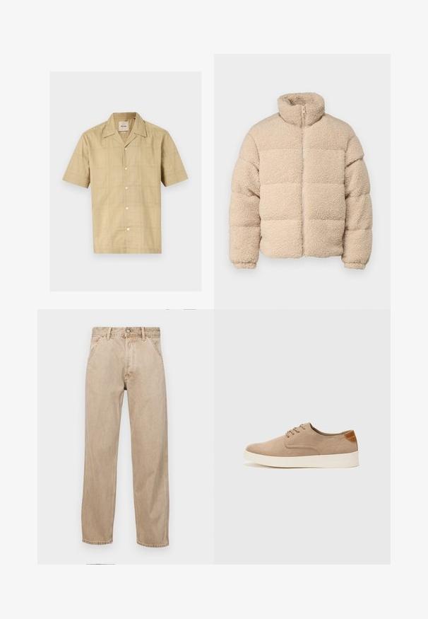 Jack & Jones JORCAMP PUFFER JACKET - Winterjacke - cloud dancer; Kurzärmliges, knöpfbares Hemd in hellem Beige mit einem dezenten Karomuster. Hergestellt aus einem weichen, strukturierten Stoff; verfügt über einen klassischen Kragen und fünf Knöpfe.; Beige Denim-Jeans mit geradem Beinschnitt, ausgestattet mit Vordertaschen, einem Metallknopfverschluss und feiner Textur.; Beige Wildleder-Sneaker mit runder Zehenpartie, Schnürung und strukturiertem Rückenteil. Die weiße Gummisohle sorgt für einen Kontrast. Einfaches und modernes Design.