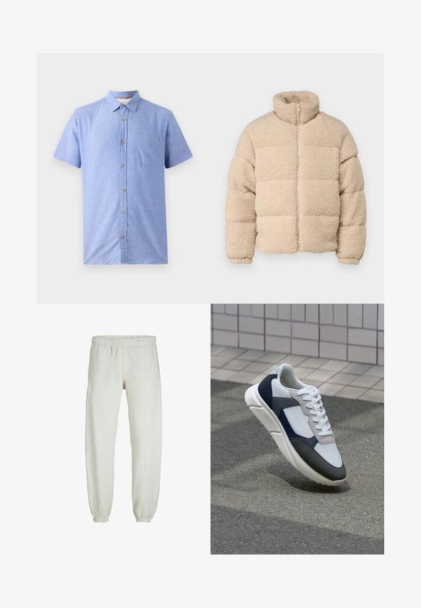 Jack & Jones JORCAMP PUFFER JACKET - Chaqueta de invierno - cloud dancer; Camisa de manga corta hecha de una tela azul clara con un patrón de cuadros, que presenta un cierre frontal con botones y un bolsillo en el pecho.; Pantalones de chándal blancos hechos de una tela suave, con cinturilla y puños elásticos, que presentan una textura suave y un diseño holgado.; Zapatilla blanca, azul marino y gris con un diseño de materiales mixtos, que presenta una parte superior texturizada, cordones planos y una suela acolchada.