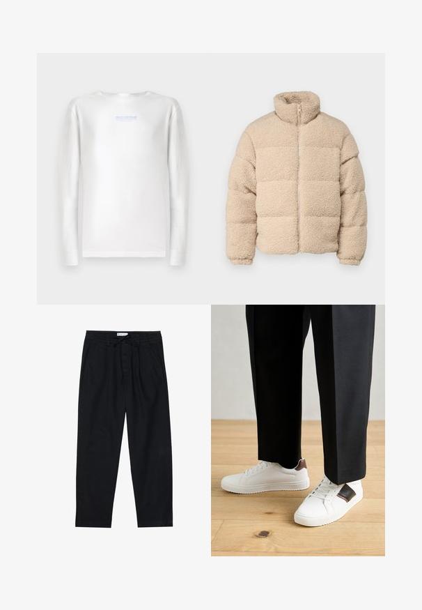 Jack & Jones JORCAMP PUFFER JACKET - Zimní bunda - cloud dancer; TOM TAILOR DENIM Top s dlouhým rukávem - white; Pier One Chino kalhoty - black; Bílé tenisky s hladkým povrchem, s hnědými koženými akcenty a černými detaily, kombinované s černými kalhotami na míru. Pozadí tvoří dřevěná podlaha.