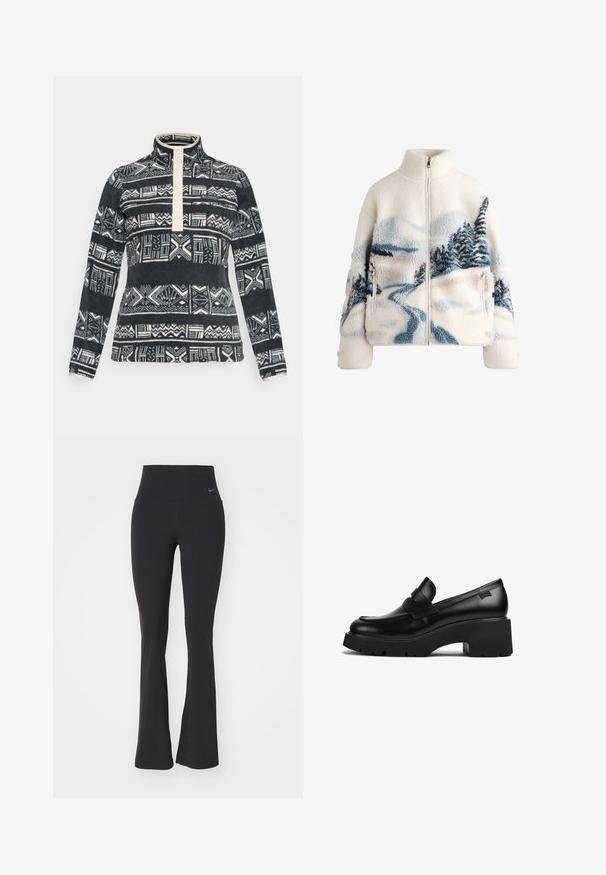 Fleece jacket with high collar, cream color, featuring a landscape design in blue and gray with trees and a winding path. Zippered pocket detail.; Fleece pullover with a high collar, featuring a cream buttoned placket and black and white abstract geometric patterns throughout.; Black yoga pants with a high waistband, made of stretchy fabric. Features a flared design and a small Nike logo on the waist.; Black leather chunky-heeled loafer with thick sole and a strap detail across the top, shown from the side on a white background.
