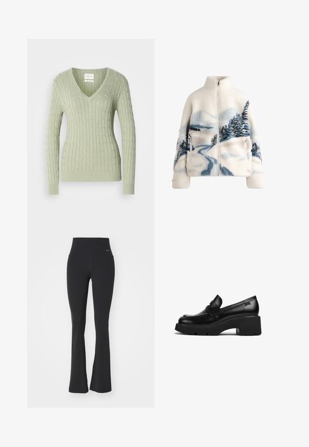 Fleecejacke mit hohem Kragen in der Farbe Creme, ausgestattet mit einem Landschaftsdesign in Blau und Grau, das Bäume und einen gewundenen Weg zeigt. Mit Reißverschlusstaschen.; Hellgrüner Strickpullover mit V-Ausschnitt, ausgestattet mit einem Zopfmuster und gerippten Bündchen. Kleines Logo-Detail auf der Brust.; Schwarze Yogahosen mit hohem Bund, aus dehnbarem Material. Besitzt ein ausgestelltes Design und ein kleines Nike-Logo am Bund.; Schwarze Leder-Loefer mit klobigem Absatz, dicker Sohle und einem Riemen über der Oberseite, seitlich auf einem weißen Hintergrund gezeigt.
