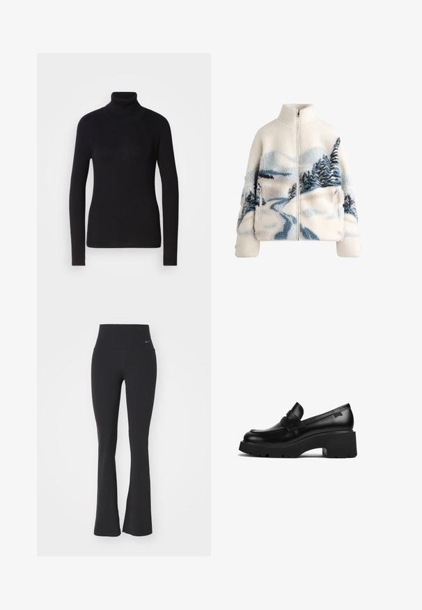 Flis jakna s visokim ovratnikom, krem boje, koja ima dizajn krajolika u plavoj i sivoj boji s drvećem i zavojitom stazom. Detalj s patent zatvaračem.; Crna rebrasta dolčevita s dugim rukavima. Izrađena od pletiva s uskim krojem. Glatka tekstura i detalj visokog vrata.; Crne tajice za jogu s visokim strukom, izrađene od rastezljive tkanine. Imaju široki kroj i mali Nike logo na struku.; Crna kožna loaferica s debelim potplatom i chunky petom, s trakom preko gornjeg dijela, prikazana sa strane na bijeloj pozadini.