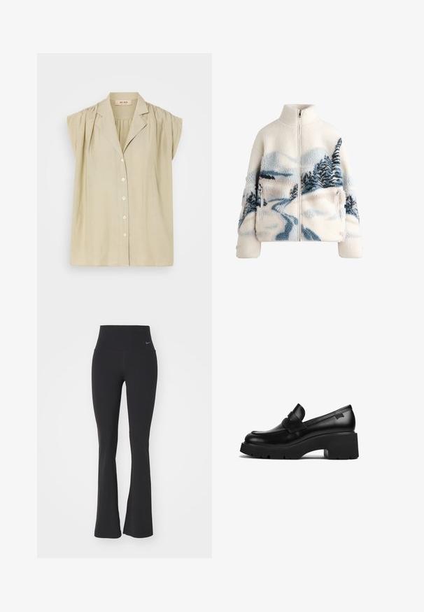 Fleecejacka med hög krage, i cremefärg, med en landskapsdesign i blått och grått med träd och en slingrande stig. Dragkedjeficka.; Ljusbeige blus med korta puffärmar, framslutsknäppning och en liten krage. Tillverkad av ett mjukt, lätt tyg.; Svarta yogabyxor med hög midja, tillverkade av stretchigt tyg. Har en utsvängd design och en liten Nike-logotyp på midjan.; Svart läder loafers med chunky klack och tjock sula, med en remdetalj över toppen, visad från sidan mot en vit bakgrund.