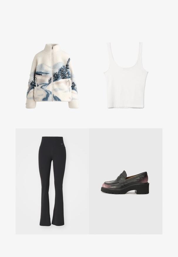 Fleece jacket with high collar, cream color, featuring a landscape design in blue and gray with trees and a winding path. Zippered pocket detail.; White cotton tank top with a scooped neckline, no sleeves, and a fitted shape. Smooth texture, plain design, and minimal stitching details.; Black yoga pants with a high waistband, made of stretchy fabric. Features a flared design and a small Nike logo on the waist.; Black leather loafers with a rounded toe, accent strap, and tonal gradient from black to dark pink at the heel. Features a chunky sole.