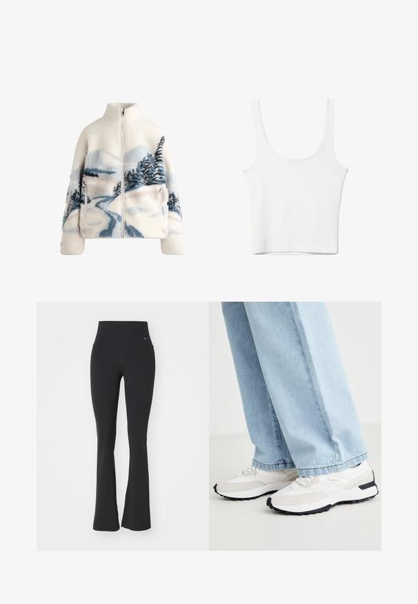 Flis jakna z visokim ovratnikom, kremne barve, s pokrajinskim vzorcem v modri in sivi barvi, ki vključuje drevesa in vijugasto pot. Podrobnost z žepom na zadrgo.; Bela bombažna majica brez rokavov s kroglasto izrezom in prilegajočim krojem. Gladka tekstura, enostavna zasnova in minimalne šivanske podrobnosti.; Črne joga hlače z visokim pasom, narejene iz elastičnega materiala. Imajo širok kroj in majhen Nike logotip na pasu.; Športni superge z belim mrežastim zgornjim delom, sivi semiš poudarki, črn gumijast podplat in strukturirani dizajn na strani.