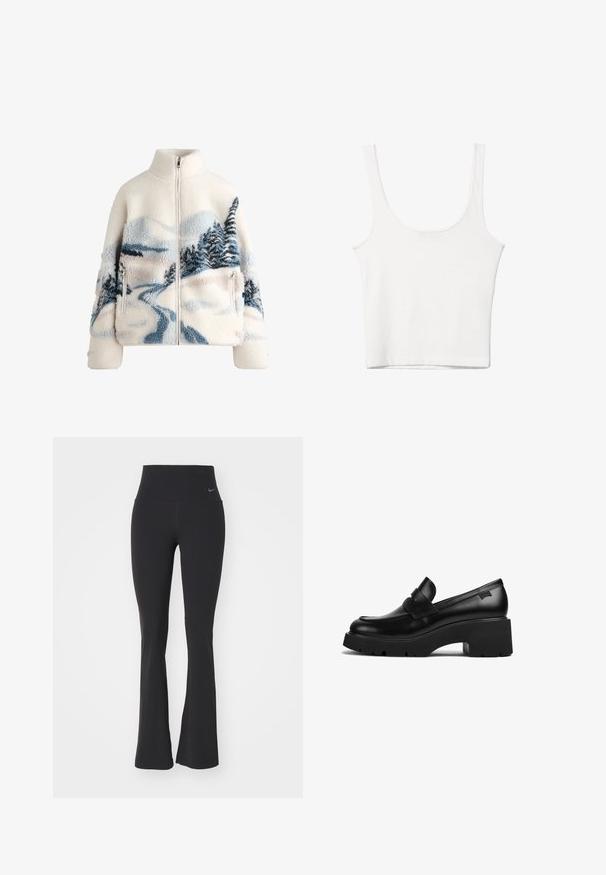 Fleece bunda s vysokým golierom, v krémovej farbe, s dizajnom krajiny v modrej a šedej farbe, na ktorom sú stromy a krivolaká cesta. Podrobnosť o vrecku na zips.; Biely bavlnený top bez rukávov s okrúhlym výstrihom a priliehavým strihom. Hladká textúra, jednoduchý dizajn a minimálne švy.; Čierne jogové nohavice s vysokým pásom, vyrobené z elastického materiálu. Majú rozšírený strih a malú Nike logo na páse.; Čierne kožené mokasíny s hrubým podpätkom a hrubou podrážkou, so strapcom na vrchu, zobrazené z boku na bielom pozadí.