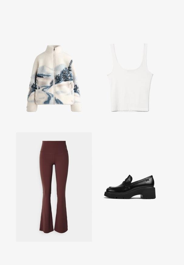 Veste en polaire avec col haut, de couleur crème, présentant un design paysager en bleu et gris avec des arbres et un chemin sinueux. Détail de poche zippée.; Débardeur en coton blanc avec un décolleté arrondi, sans manches et ajusté. Texture lisse, design uni et détails de couture minimaux.; Leggings bordeaux évasées avec une taille haute et un tissu lisse et extensible. Présente un petit logo bleu sur le côté supérieur gauche.; Mocassin noir en cuir avec un talon épais, une semelle épaisse et un détail en sangle sur le dessus, présenté de côté sur un fond blanc.