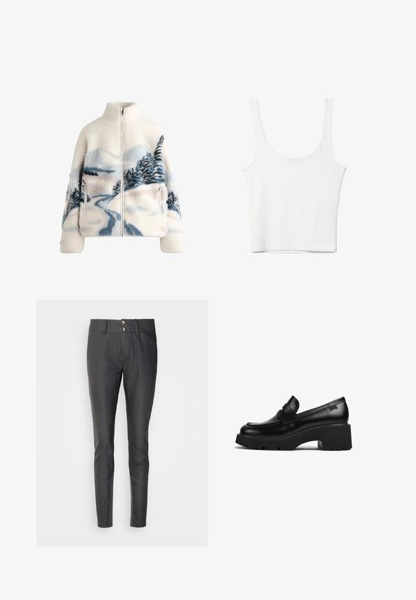 Flis jakna s visokim ovratnikom, krem boje, koja ima dizajn krajolika u plavoj i sivoj boji s drvećem i zavojitom stazom. Detalj s patent zatvaračem.; Bijela pamučna majica bez rukava s izrezom u obliku slova U, tijesnog kroja. Glatka tekstura, jednostavan dizajn i minimalni detalji šivanja.; Crne hlače uskog kroja, izrađene od glatkog materijala. Imaju zatvaranje na dva dugmeta u struku i ravni prednji dizajn.; Crna kožna loaferica s debelim potplatom i chunky petom, s trakom preko gornjeg dijela, prikazana sa strane na bijeloj pozadini.