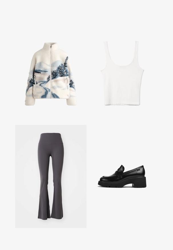Fleece jakke med høj krave, kremsfarve, med et landskabsdesign i blå og grå med træer og en snoet sti. Lynlås-lomme detaljer.; Hvid bomulds tanktop med en rundet halsudskæring, uden ærmer og en tætsiddende pasform. Glat tekstur, ensartet design og minimale syninger.; Grå bredde yoga bukser lavet af strækbart stof. Høj talje og glat tekstur, med en tætsiddende pasform ned til bunden.; Sorte læder loafers med chunky hæl, tyk sål og en remdetalje henover, vist fra siden på en hvid baggrund.