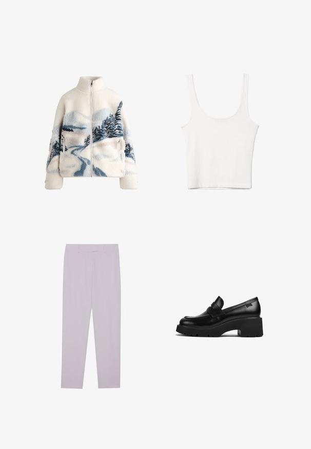 Fleece-takki korkean kaulan kanssa, kerma värinen, jossa on sinisiä ja harmaita maisemakuvioita puineen ja kiemurtelevine polkuineen. Vetoketjullinen tasku.; Valkoinen puuvillainen hihaton toppi, jossa on pyöristetty pääntie, ei hihoja ja vartalonmyötäinen muoto. Sileä pinta, yksinkertainen muotoilu ja vähäiset ompeluyksityiskohdat.; Vaaleanliilat housut, jotka on valmistettu sileästä kankaasta ja joissa on säädetty istuvuus, vyölenkit ja suora lahje.; Musta nahkakengät, joissa on paksut korot ja paksu pohja, sekä nauhaysitys päällä, esitetty sivuprofiilista valkoista taustaa vasten.