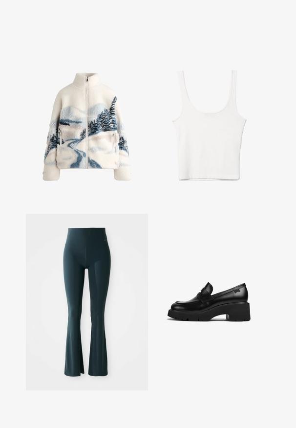 Flis jakna s visokim ovratnikom, krem boje, koja ima dizajn krajolika u plavoj i sivoj boji s drvećem i zavojitom stazom. Detalj s patent zatvaračem.; Bijela pamučna majica bez rukava s izrezom u obliku slova U, tijesnog kroja. Glatka tekstura, jednostavan dizajn i minimalni detalji šivanja.; Tamnozelene uske tajice sa širokim pojasom, izrađene od rastezljivog materijala. Sadrže suptilan detalj loga blizu struka. Glatka tekstura.; Crna kožna loaferica s debelim potplatom i chunky petom, s trakom preko gornjeg dijela, prikazana sa strane na bijeloj pozadini.