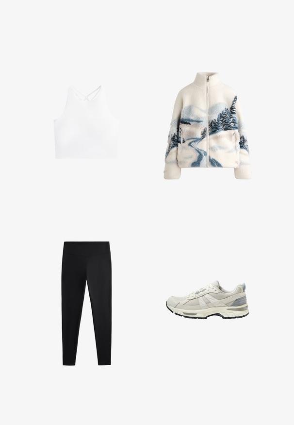 Fleecejack met hoge kraag, crème kleur, met een landschap ontwerp in blauw en grijs met bomen en een kronkelig pad. Met ritszakdetails.; Witte sportieve crop top met een hoge halslijn en dubbele kruislings strapjes op de rug, met een gladde, rekbare stoftextuur.; Zwarte leggings van gladde, rekbare stof. Voorzien van een brede tailleband en een taps toelopend pootdesign, geschikt voor actieve of casual kleding.; Beige sportschoen met een bovenwerk van gestructureerd mesh en gladde accenten. Voorzien van een gewatteerde zool, versterkte neus en een zwarte rubberen buitenzool.