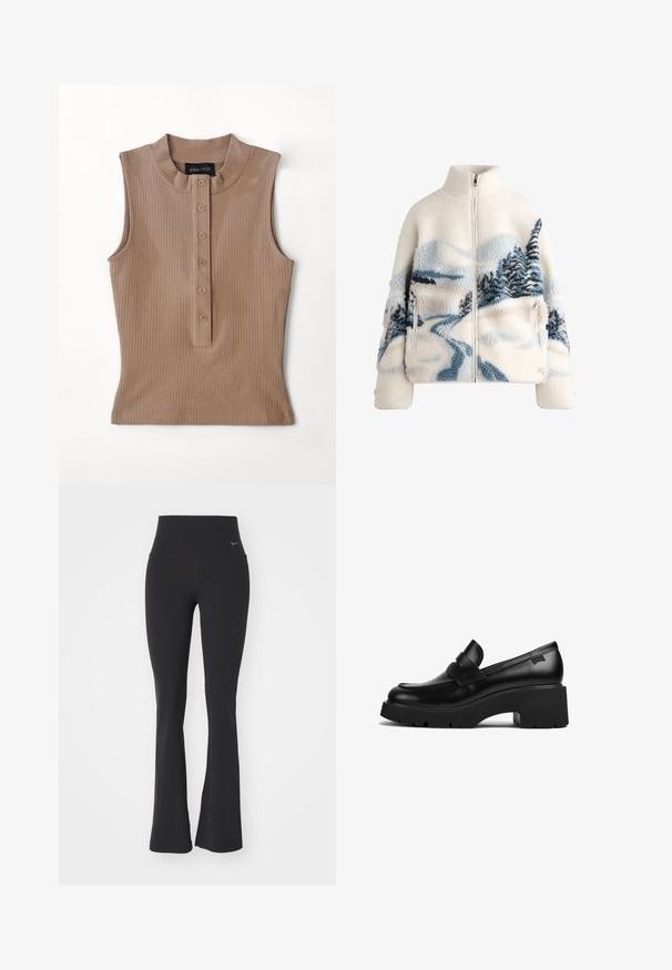 Giacca in pile con collo alto, colore crema, caratterizzata da un design paesaggistico in blu e grigio con alberi e un sentiero tortuoso. Dettagli con tasche con zip.; Top senza maniche di colore beige realizzato in tessuto a coste. Presenta un colletto alto e una patta con cinque bottoni marroni. Texture liscia.; Leggings neri da yoga con vita alta, realizzati in tessuto elasticizzato. Presentano un design svasato e un piccolo logo Nike sulla vita.; Mocassino in pelle nera con tacco chunky, suola spessa e un dettaglio a strap nella parte superiore, mostrato di lato su uno sfondo bianco.