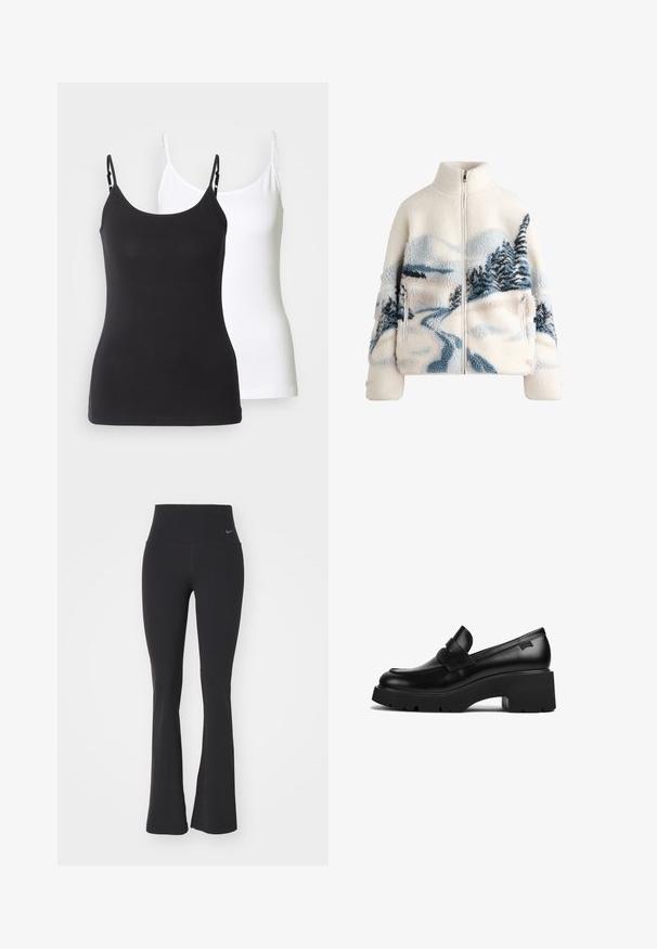Giacca in pile con collo alto, colore crema, caratterizzata da un design paesaggistico in blu e grigio con alberi e un sentiero tortuoso. Dettagli con tasche con zip.; Camisole in cotone bianco e nero con spalline sottili regolabili, caratterizzata da un design aderente e una texture liscia.; Leggings neri da yoga con vita alta, realizzati in tessuto elasticizzato. Presentano un design svasato e un piccolo logo Nike sulla vita.; Mocassino in pelle nera con tacco chunky, suola spessa e un dettaglio a strap nella parte superiore, mostrato di lato su uno sfondo bianco.