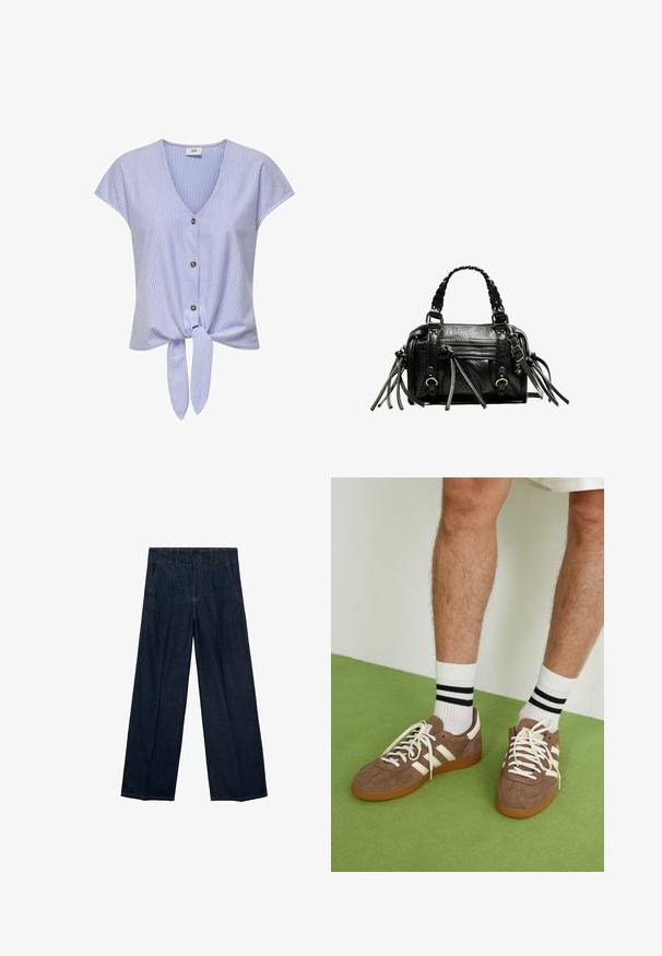 Tmavomodrá džínová bunda so širokými klopami, opaskom v páse a remienkami na manžetách, vystavená na bielom pozadí.; Modrá a biela pruhovaná blúzka s krátkym rukávom, so V-výstrihom, predným zapínaním na gombíky a viazaným spodným dielom, vyrobená z ľahkej tkaniny.; Námornícka modrá široká dvojica džínsov s vysokým pásom, záhybmi a tradičným dizajnom s piatimi vreckami, vyrobená z denimu so subtílnymi švovými detailmi.; Hnedé zamatové tenisky s bielymi akcentmi a šnúrkami. Gumová podrážka. Nosené s bielymi ponožkami so čiernymi pruhmi. Zelená textúrovaná podlaha.; Čierna kožená kabelka s pletenými uchami, textúrovaným povrchom, zipsovým predným vreckom a dekoratívnymi strapcami. Kompaktne tvarovaná a štruktúrovaná.