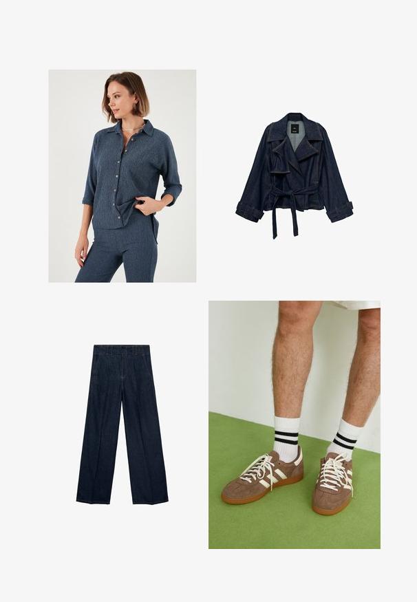 Temno modra denimska jakna s širokimi klapami, pasom in trakovi na manšetah, prikazana na beli podlagi.; Mornarica srajca s sproščenim krojem, teksturirano tkanino in zavihki na rokavih. Ponaša se s kontrastnimi gumbi in ovratnikom.; Navy modre široke hlače iz denima z visokim pasom, naborki in tradicionalnim petim žepnim dizajnom, z subtilnimi šivi.; Rjavi semiš športni čevlji z belimi detajli in vezalkami. Gumijast podplat. Nošeni z belimi nogavicami z črnimi črtami. Zelena teksturirana talna obloga.