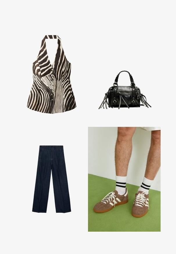 Tamno plavi traper jakna sa širokim reverima, remenom u struku i trakama na manžetama, prikazana na bijeloj pozadini.; Crno-bijela majica bez rukava s halter izrezom, koja se ističe uzorkom zebre, prednjim gumbima i strukturiranim oblikom.; Tamno plave široke traperice s visokim strukom, plisiranim detaljima i tradicionalnim dizajnom s pet džepova, izrađene od traper tkanine s suptilnim šavovima.; Smeđe nubuk tenisice s bijelim detaljima i vezicama. Gumeni potplat. Nosene s bijelim čarapama s crnim prugama. Zeleno teksturirano pod.; Crna kožna torba s pletenim ručkama, teksturiranom površinom, prednjim džepom na patentni zatvarač i dekorativnim resicama. Kompaktna i strukturirana forma.