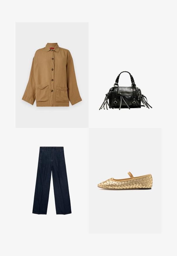 Dark blue denim jacket with wide lapels, belted waist, and cuff straps, displayed against a white background.; Brown, button-up shirt made of a lightweight fabric. Features a collar, two front pockets, and long sleeves with cuffs.; Navy blue wide-leg jeans featuring a high waist, pleats, and traditional five-pocket design, made of denim fabric with subtle stitching accents.; Loeffler Randall LEONIE SOFT BALLET FLAT - Ankle strap ballet pumps - gold; Black leather handbag with braided handles, textured surface, zippered front pocket, and decorative fringe accents. Compact and structured shape.