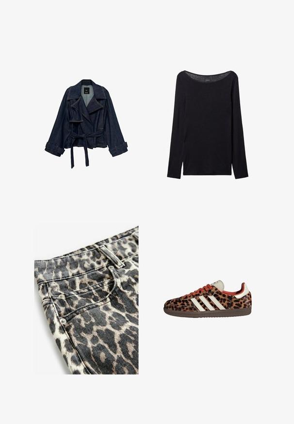 Giacca in denim blu scuro con ampi risvolti, vita con cintura e fascette ai polsini, esposta su uno sfondo bianco.; Maglietta nera a maniche lunghe con un ampio scollo, realizzata in tessuto morbido, caratterizzata da un design aderente e dettagli di cucitura minimi.; Jeans con stampa animalier caratterizzati da un motivo beige e nero, realizzati in denim con una finitura testurizzata, rifiniti con hardware e cuciture in argento.; Sneaker con stampa leopardata in materiale scamosciato, lacci rossi e tre strisce bianche sui lati. Presentano una linguetta di colore crema e una suola marrone.
