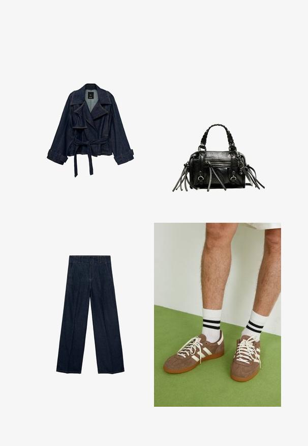 Tmavě modrá džínsová bunda s širokými klopami, páskem v pase a zapínáním na manžetách, vystavená na bílém pozadí.; Bodysuit s leopardím potiskem, s kulatým výstřihem, bez rukávů, vyrobený z měkké látky a s patentkami na spodní části. Barevná paleta zahrnuje béžovou a černou.; Námořnické modré džínové kalhoty s širokými nohavicemi, vyšším pasem, sklady a tradičním pětipocket designem, vyrobené z denimové tkaniny s jemnými prošitím.; Hnědé semišové tenisky s bílými akcenty a tkaničkami. Gumová podrážka. Nošeny s bílými ponožkami s černými pruhy. Zelená strukturovaná podlaha.; Černá kožená kabelka s pletenými držadly, texturovaným povrchem, přední kapsou na zip a dekorativními třásněmi. Kompaktní a strukturovaný tvar.