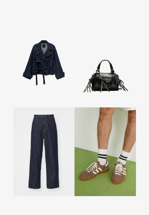 Tmavě modrá džínsová bunda s širokými klopami, páskem v pase a zapínáním na manžetách, vystavená na bílém pozadí.; Bodysuit s leopardím potiskem, s kulatým výstřihem, bez rukávů, vyrobený z měkké látky a s patentkami na spodní části. Barevná paleta zahrnuje béžovou a černou.; Tmavě modré džíny rovného střihu s poutky na opasek, předním knoflíkem a bočními kapsami na bílém pozadí.; Hnědé semišové tenisky s bílými akcenty a tkaničkami. Gumová podrážka. Nošeny s bílými ponožkami s černými pruhy. Zelená strukturovaná podlaha.; Černá kožená kabelka s pletenými držadly, texturovaným povrchem, přední kapsou na zip a dekorativními třásněmi. Kompaktní a strukturovaný tvar.