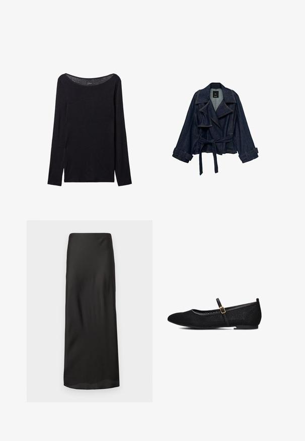Dark blue denim jacket with wide lapels, belted waist, and cuff straps, displayed against a white background.; Black long-sleeve shirt with a wide neckline, made of soft fabric, featuring a fitted design and minimal stitching details.; Black maxi skirt made of smooth, lightweight fabric. Features a straight silhouette with an elastic waistband and no visible patterns or embellishments.; Unisa ALBEGA - Ankle strap ballet pumps - zwart