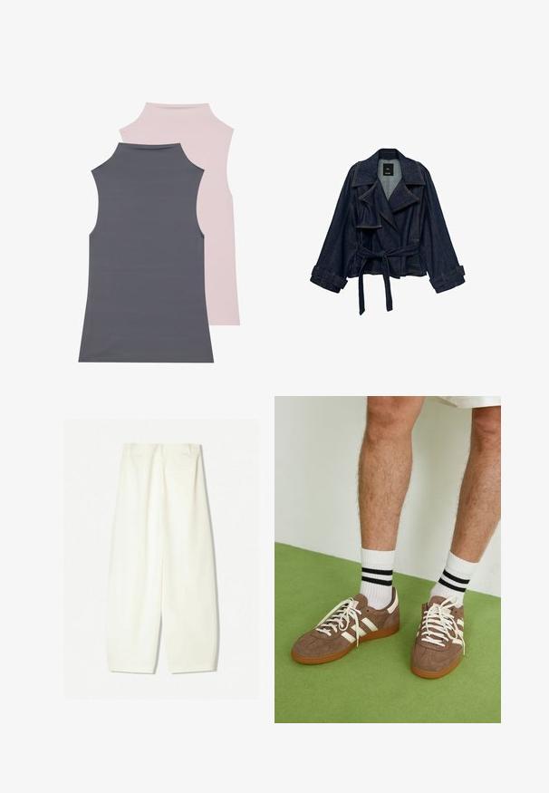 Ciemnoniebieska kurtka dżinsowa z szerokimi klapami, przewiązana w talii i z paskami przy mankietach, wyeksponowana na białym tle.; Dwie bezrękawniki z miękkiej tkaniny; jeden szary, a drugi jasnoróżowy. Oba mają wysoki dekolt i gładką fakturę.; Szerokie spodnie w miękkim kremowym materiale, z gładką teksturą, przednimi kieszeniami oraz luźnym krojem z średnim stanem.; Brązowe zamszowe sneakersy z białymi akcentami i sznurówkami. Gumowa, brązowa podeszwa. Noszone z białymi skarpetkami w czarne paski. Zielona teksturowana podłoga.